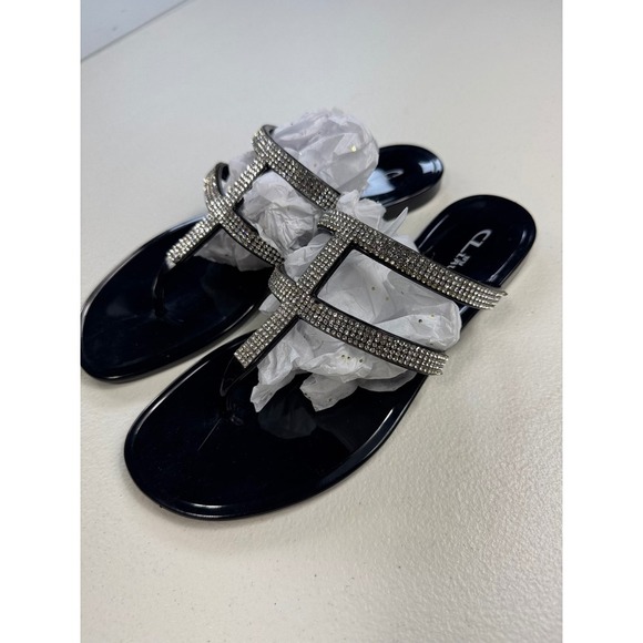 Rhinestone‎ Thong Sandals Women's Black Jelly Slides Casual Sparkle Summer - Picture 2 of 6